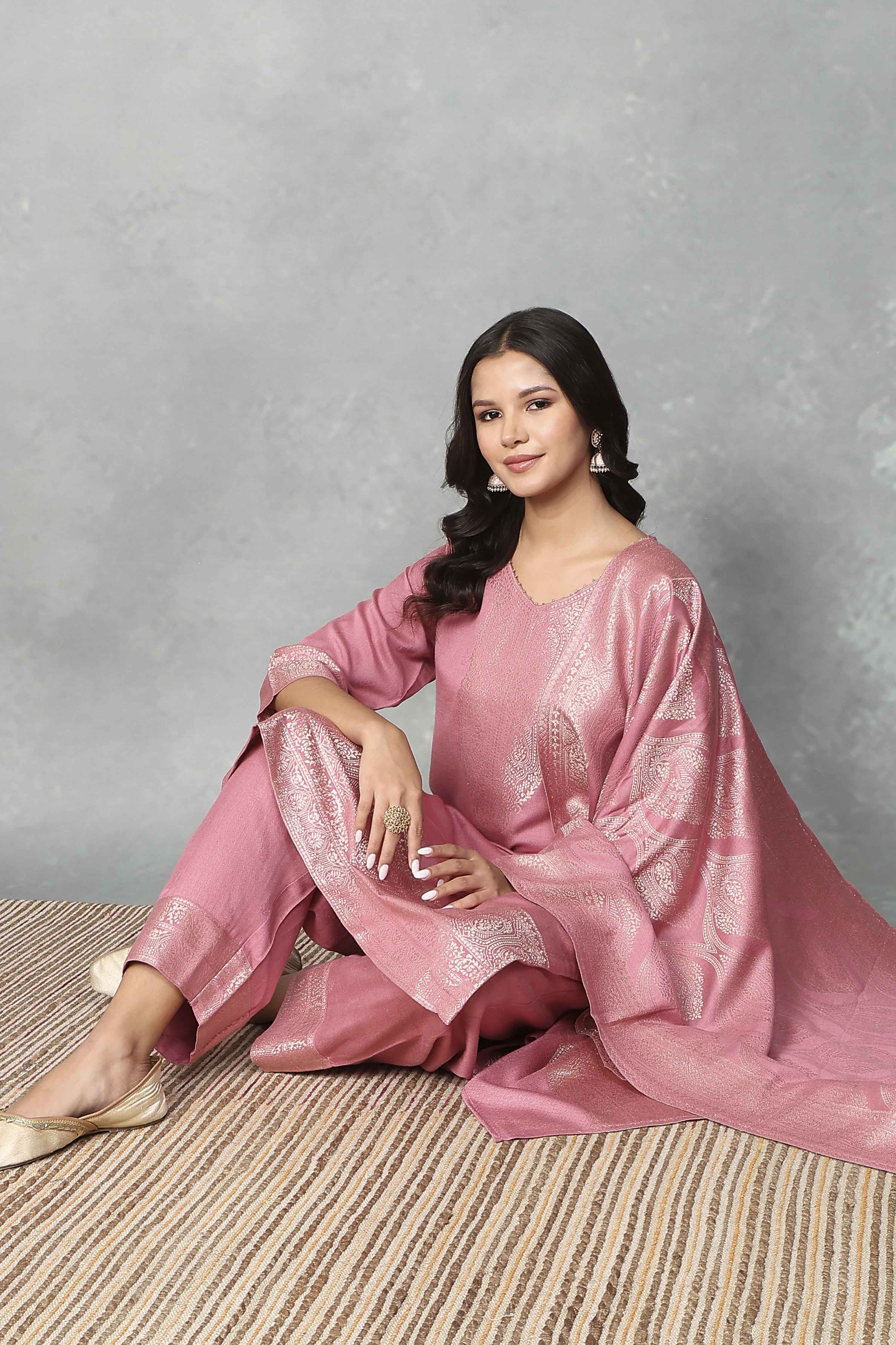 Pink Polyester Yarndyed Straight Suit Set image number 8