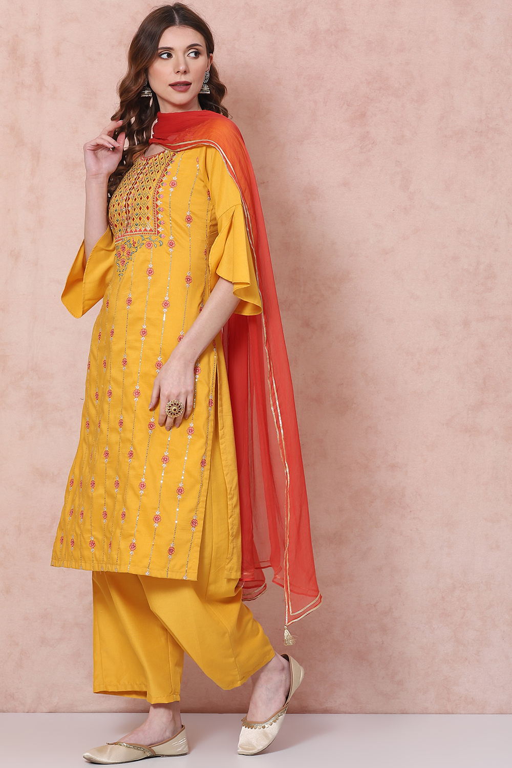 Mustard Art Silk Straight Suit Set image number 5