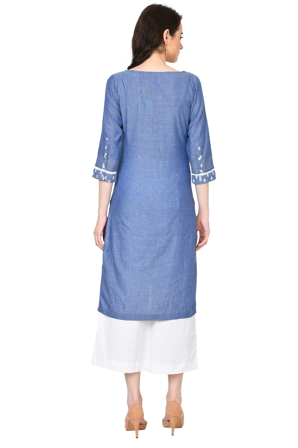 Blue Straight Chambray Kurta image number 4