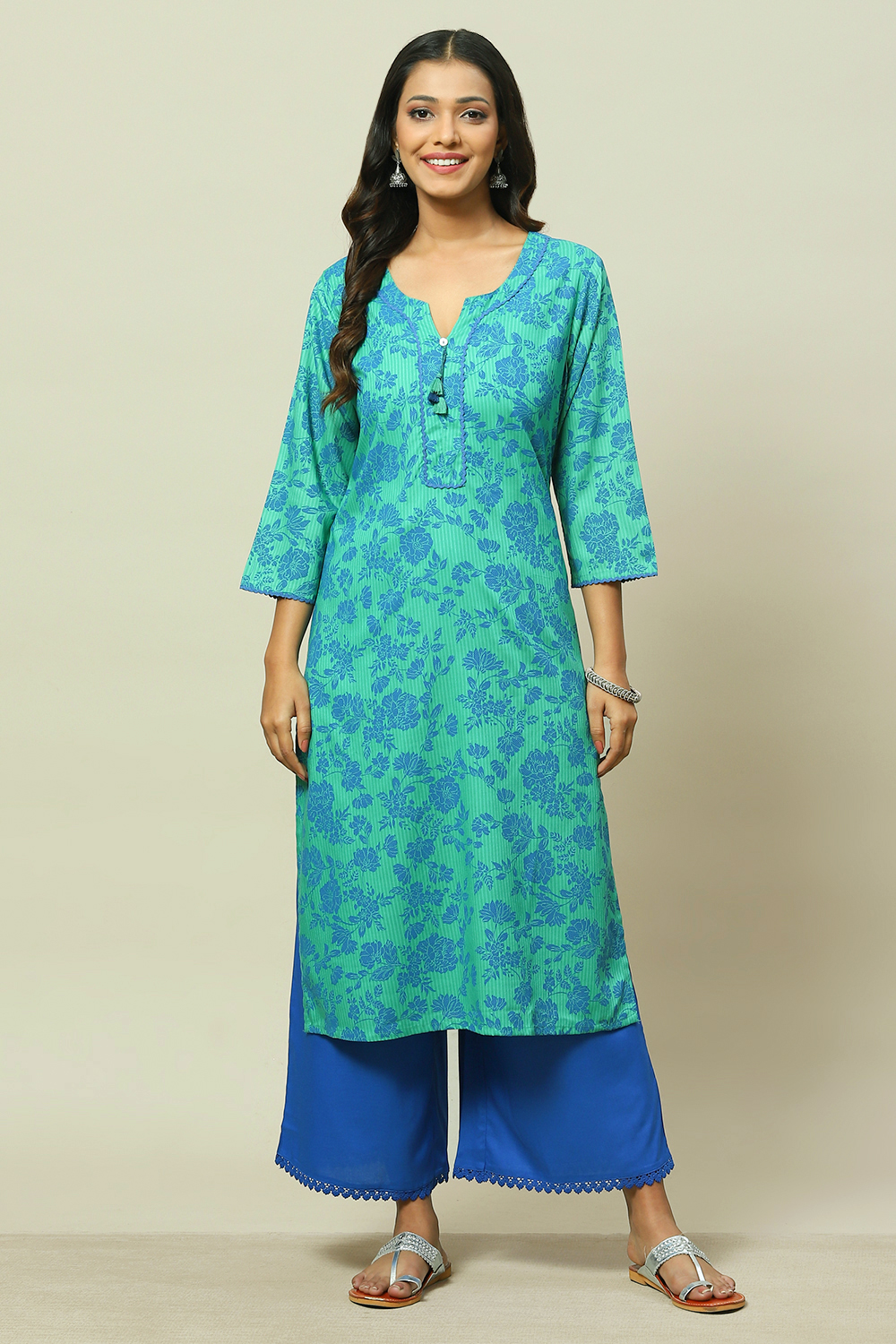 Green LIVA Straight Kurta image number 5