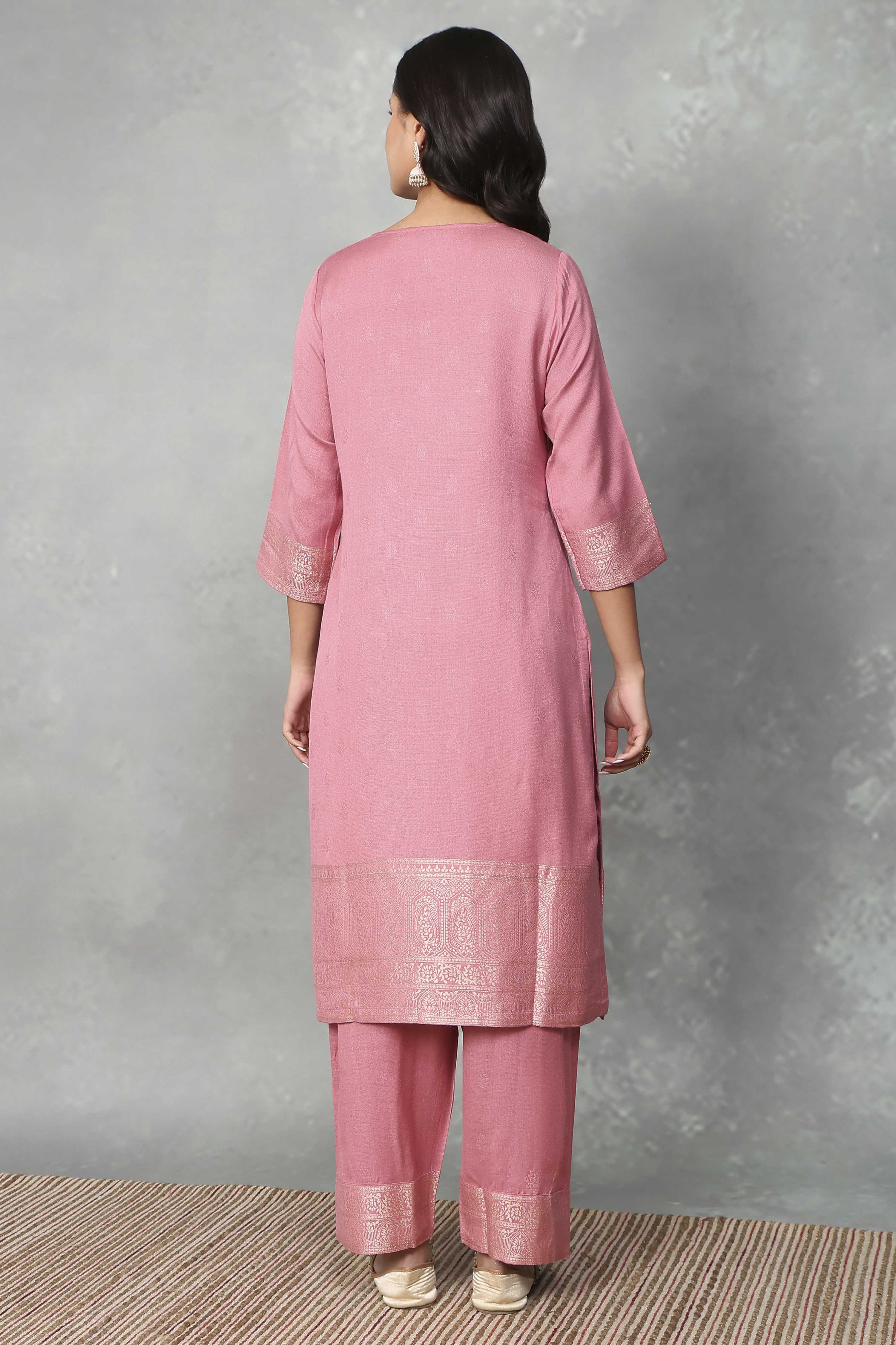 Pink Polyester Yarndyed Straight Suit Set image number 4